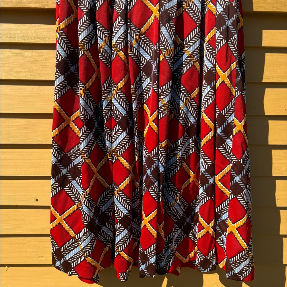 Retro Geometric Shirt Dress Handmade Red Gold Buttons Trellis Holiday Party Chic - Picture 9 of 12